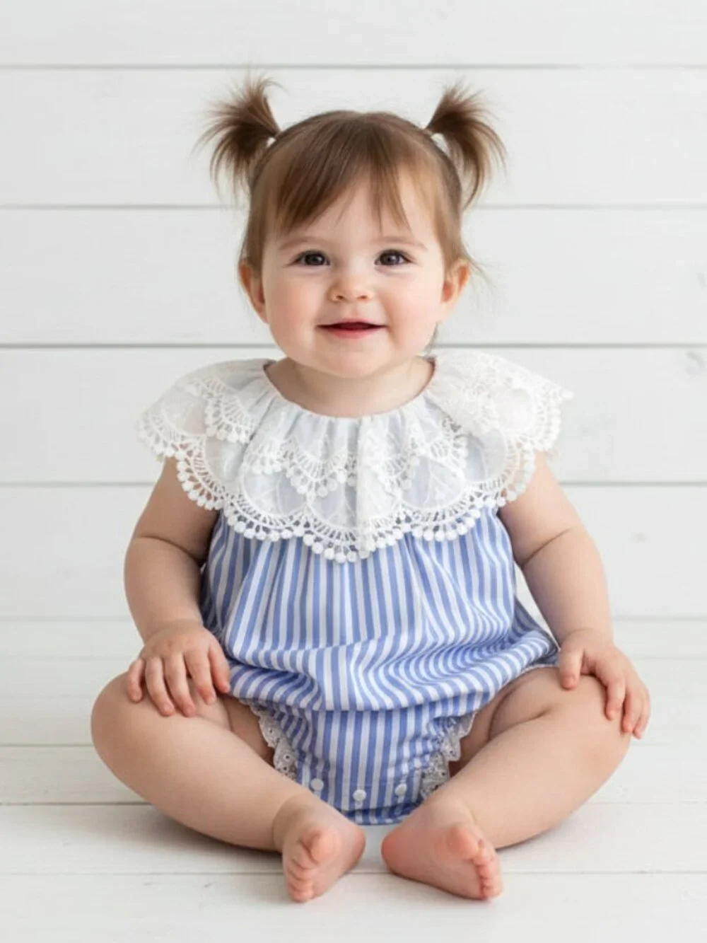 Blue & White Striped Lace Collar Romper, baby, NWT